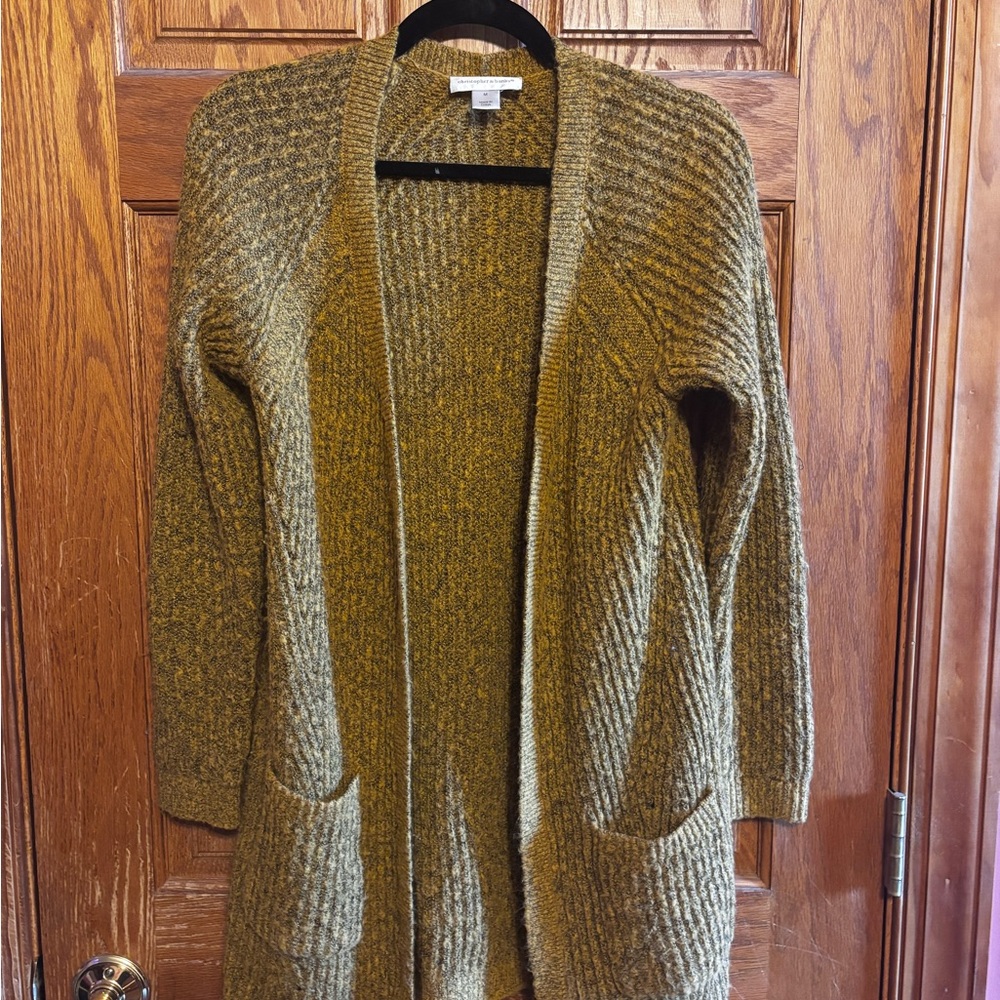 Long Open-Front Goldenrod Ribbed Knit Cardigan Sweater